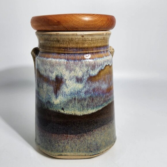 Vintage Wild Rice Blue Pottery Crock Canister Wood with Lid Duck Scene Minnesota - Picture 3 of 11